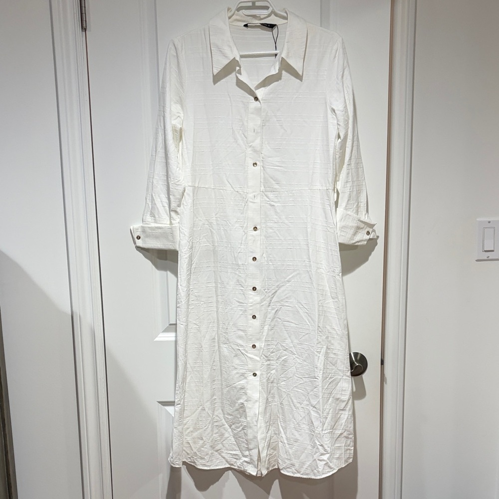 Zara NWOT Classic White Button-Front Long Sleeve Shirt Dress - missing belt